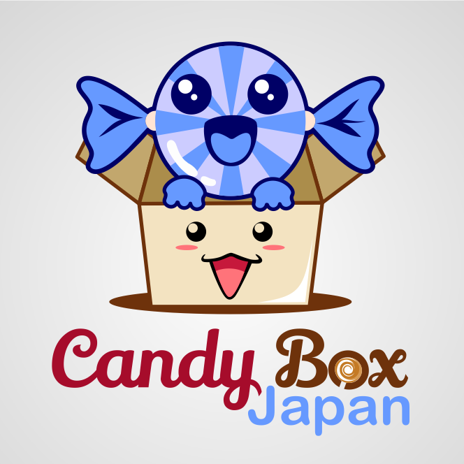 Smiling piece of candy and box with the text “candy box Japan”