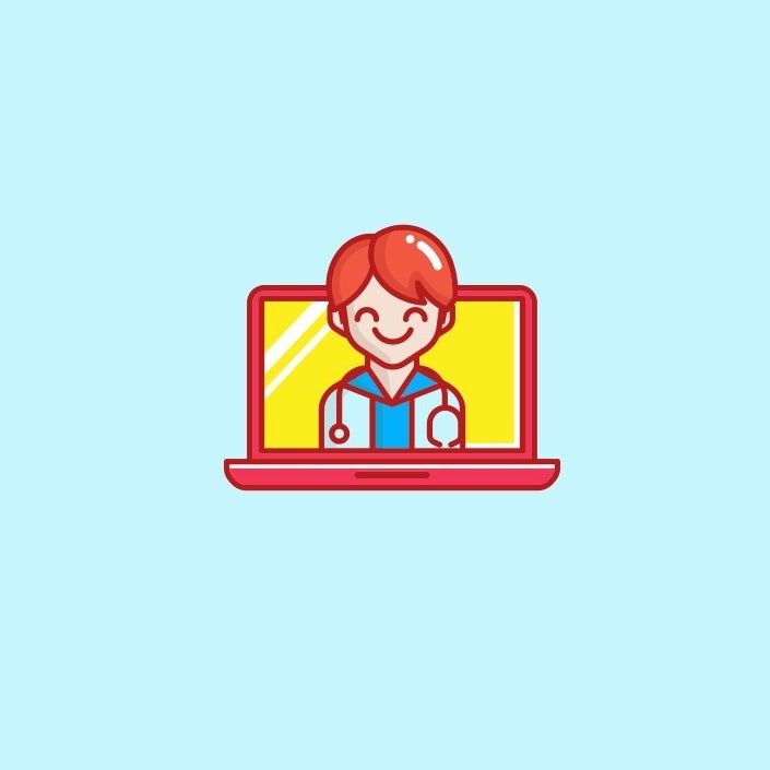 Open laptop with a smiling doctor on the screen
