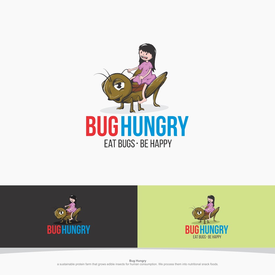 Girl riding a grasshopper with the text “bug hungry. Eat bugs be happy”