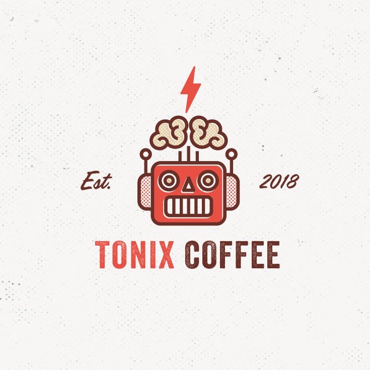A retro-futuristic logo of a robot